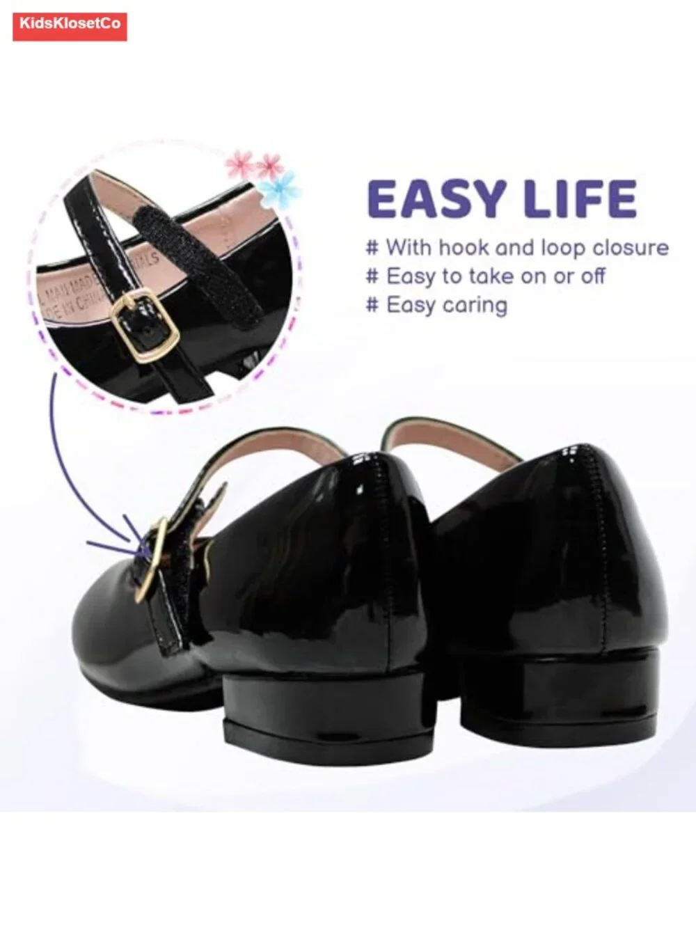 Girls Mary Jane Flats with Hook and Loop Closure, Low Heel Dress Shoes